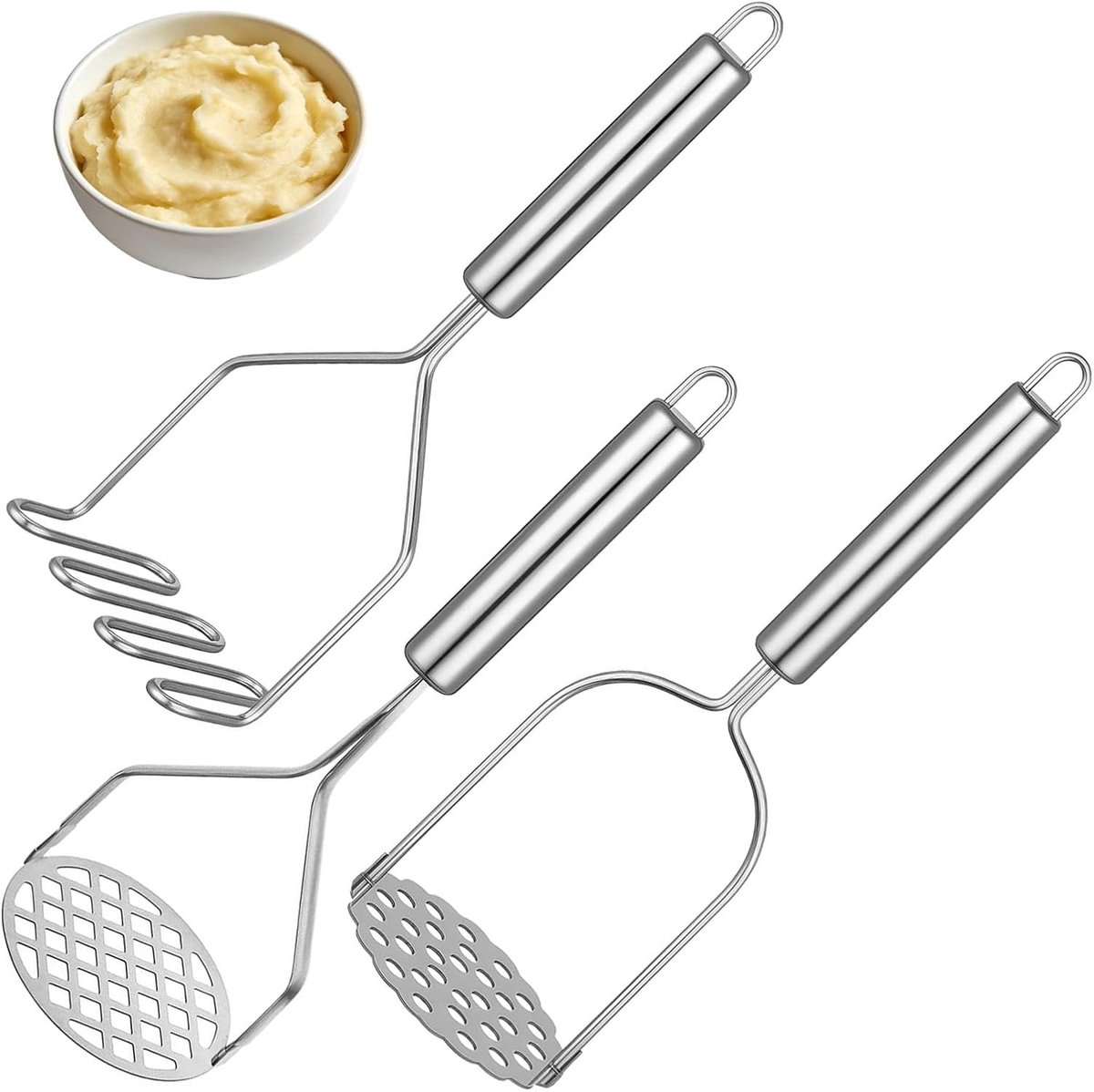 Masher aardappelstamper, 3 stuks, vaatwasmachinebestendig, stamper aardappel met 3 koppen (vierkant gebloemd lineair gat) voor groenten, avocado, aardappelpuree
