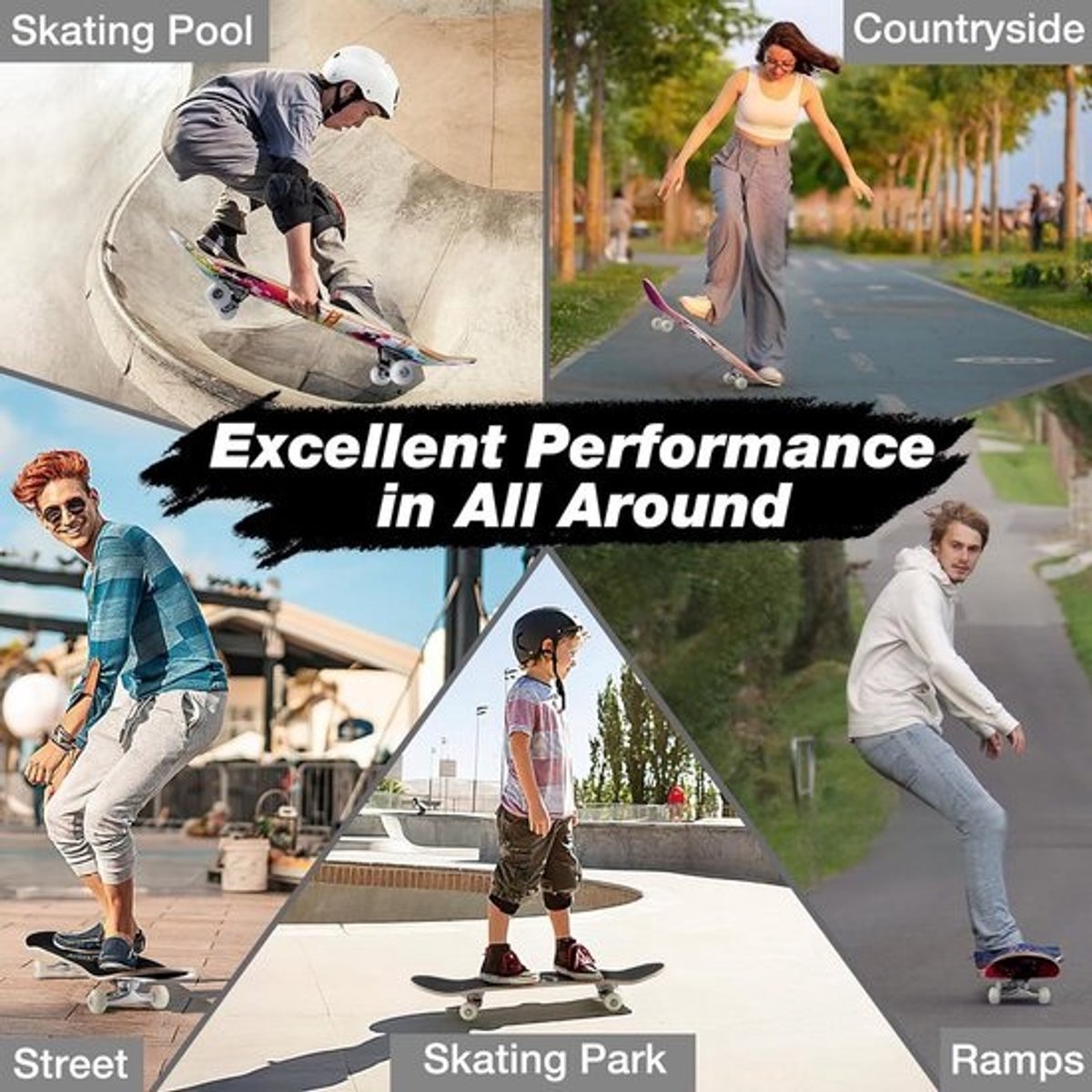 31 x 8 inch Compleet Skateboard voor beginners - 7-laags Canadese esdoorn - Double Kick Deck - Cruiser Trick Skateboard - Kinderen en Volwassenen - Wit Zwart