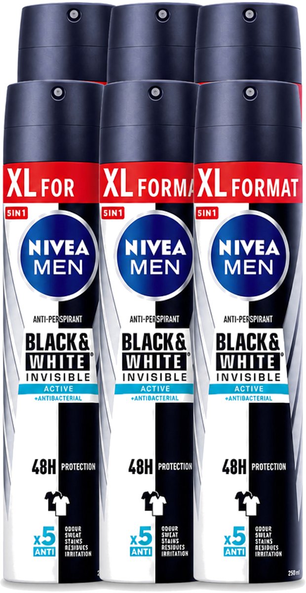 6 x Nivea - Deospray - Men - Invisible Black & White Active - 250 ml - Voordeelverpakking - 6 stuks