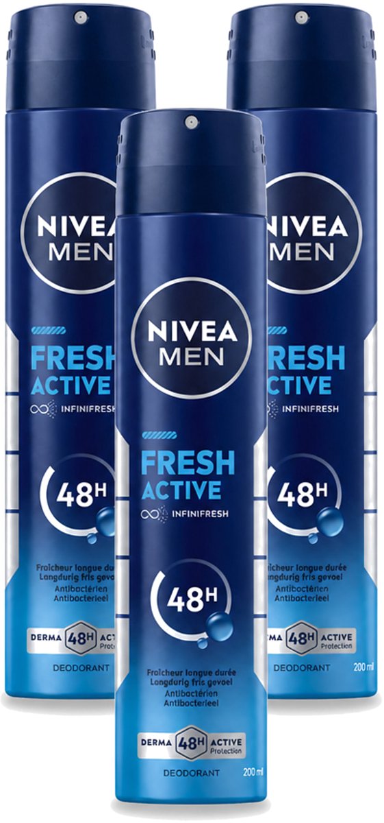 3 x Nivea - Deo Spray XL - Fresh Active - 48 Uur Lang Werkend - 200 ml - Bulkverpakking - 3 stuks