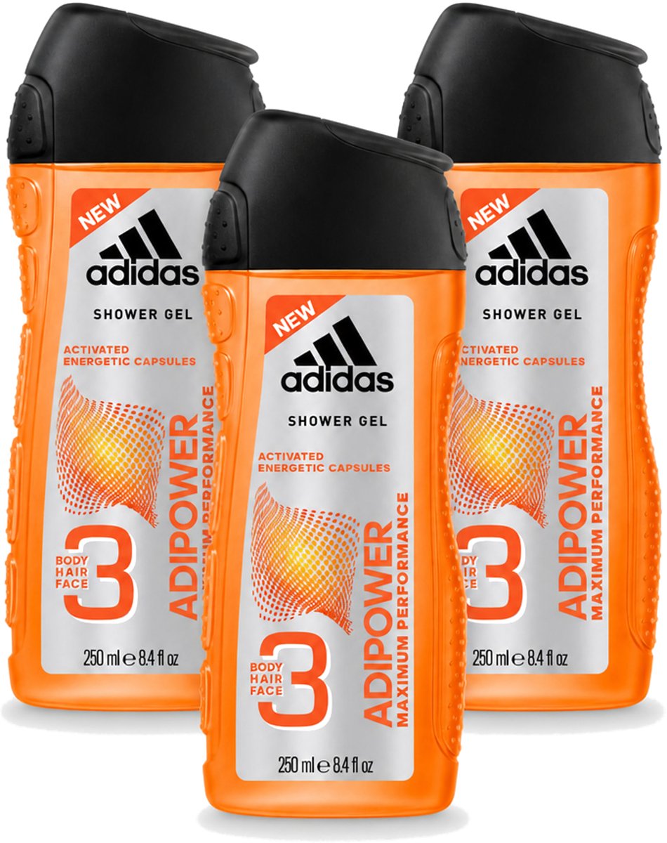 3 x Adidas - 3-in-1 Douchegel - Adipower Maximum Performance -250 ml - Voordeelverpakking - 3 stuks