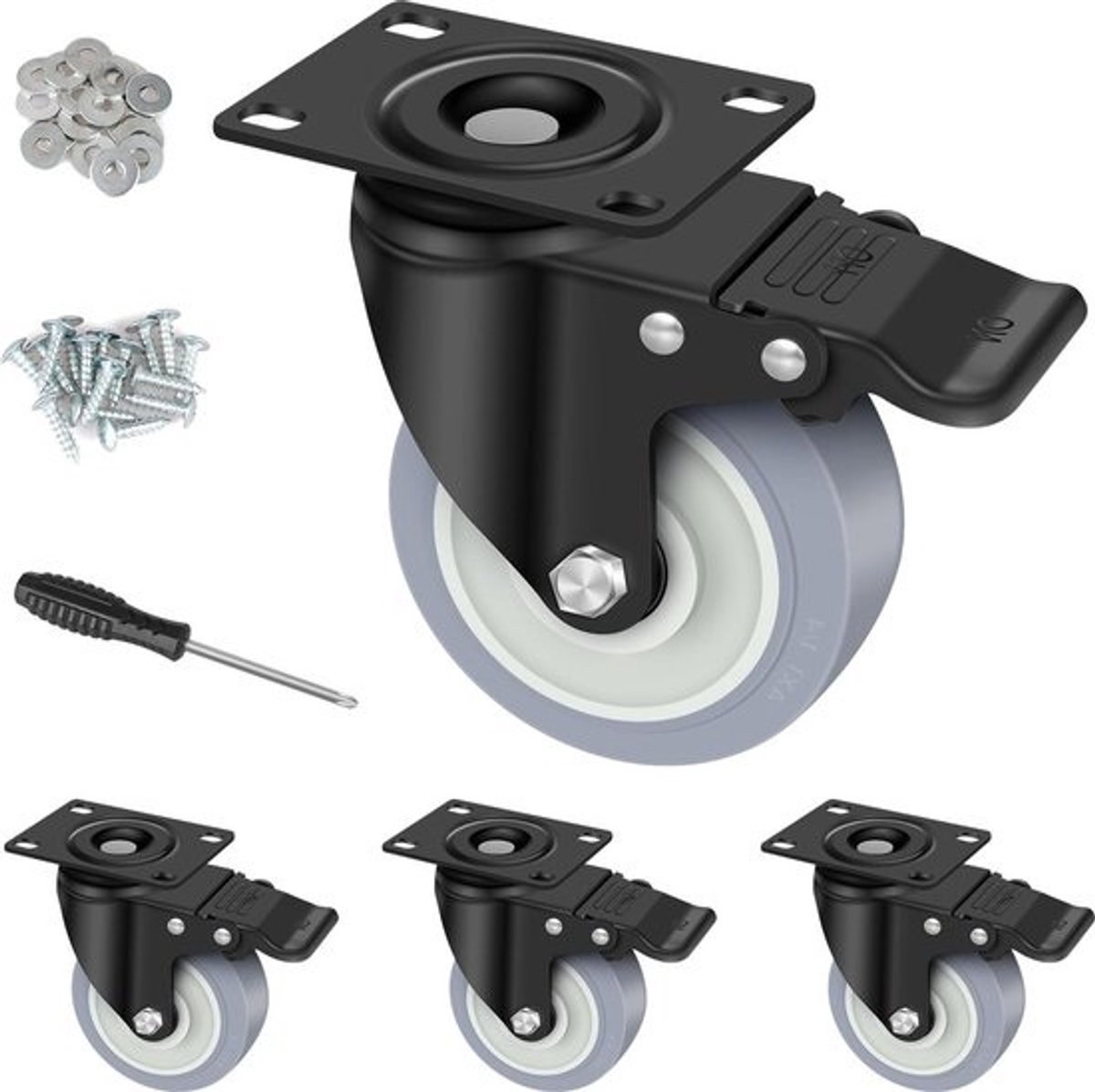 Transportwielen 100mm - Set van 4 - Zware wielen met rem - Industriële wielen - Max. 100 kg per wiel