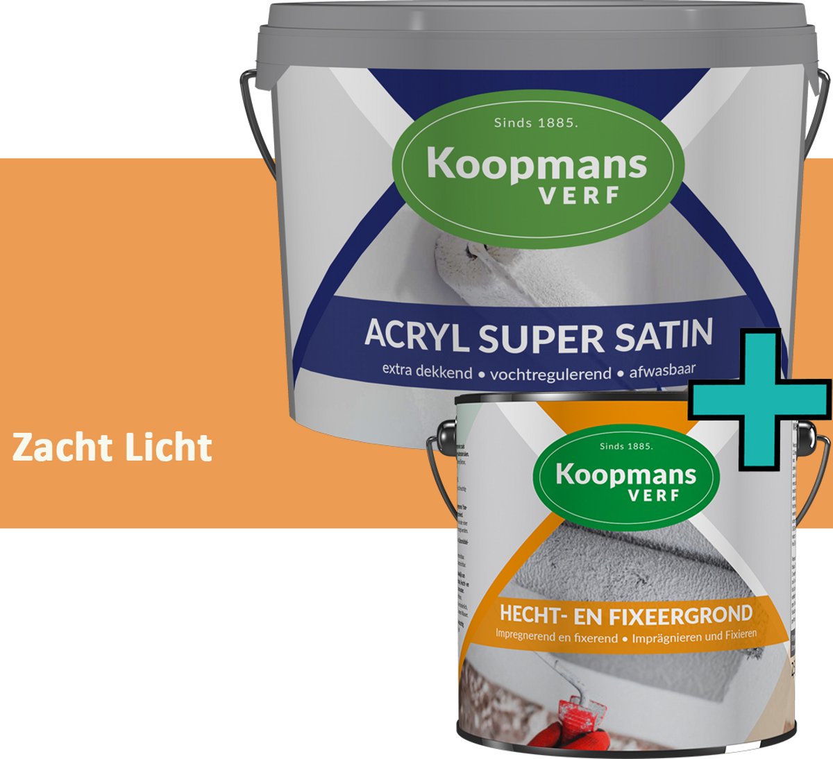Koopmans Hecht- en Fixeergrond 2,5 l + Acryl Super Satin Muurverf - Set - Primer + Zijdeglans Muurverf Binnen en Buiten - Afwasbaar en Dekkend - Zacht Licht - 1 l