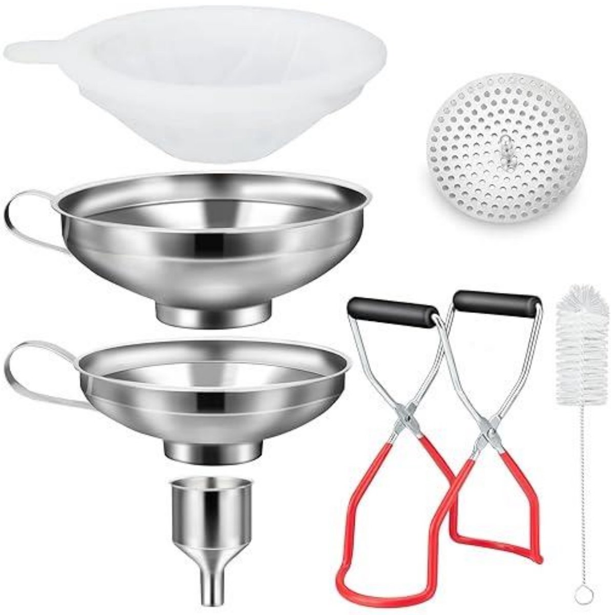 SSTRWGOOD 7 Stuks Trechter voor de Keuken - Roestvrijstalen Trichterset - Ergonomisch Ontwerp Geschikt voor Inmaken, Olie en Specerijen - Makkelijk Op te Bergen aan Hangrail - Incl. Heffer en Filter