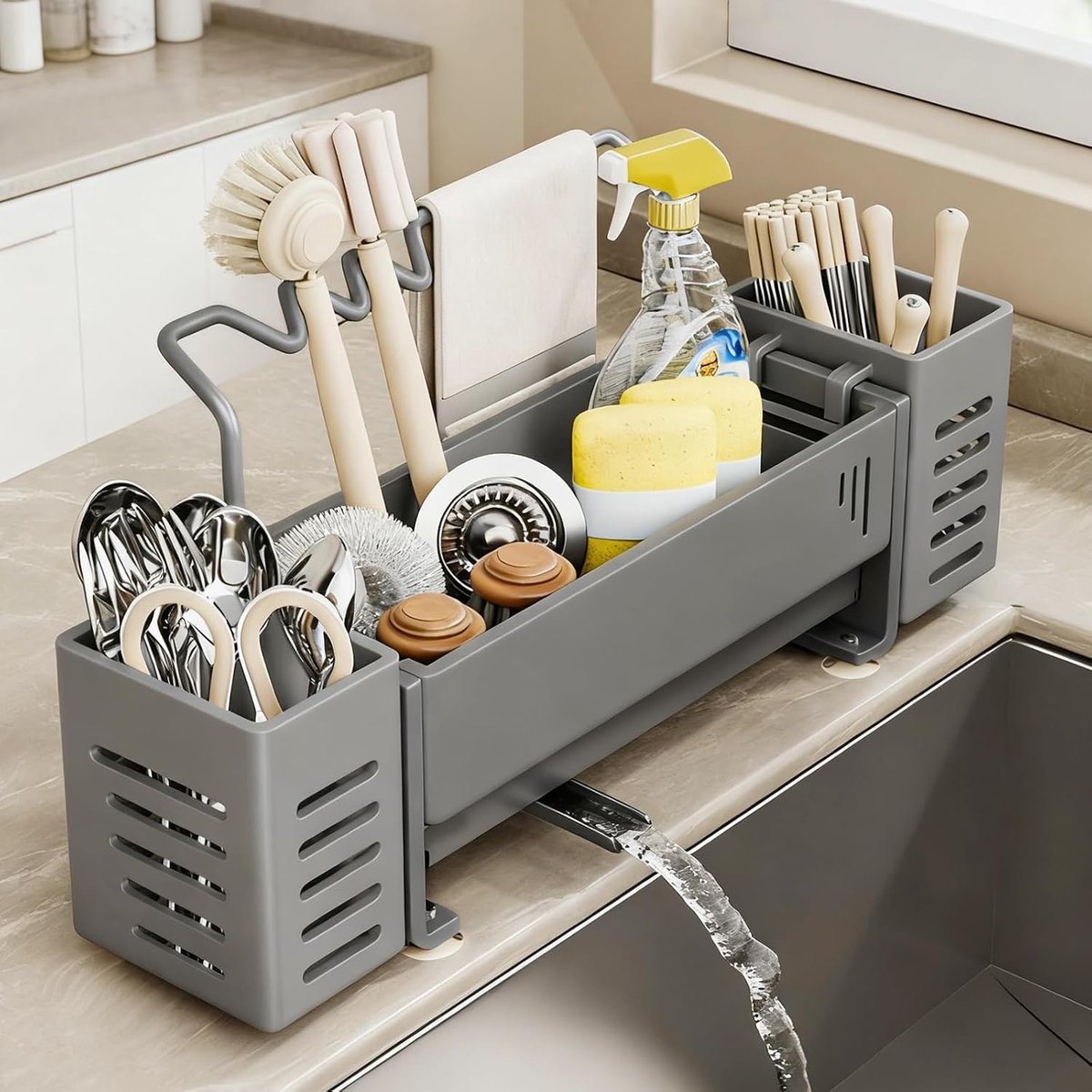 Multifunctionele Organizer voor de Keukenspoelbak, Zelfafvoerende Sponshouder met Borstel en Afwasdoek Rek, Ideale Oplossing voor Keukenopslag en Netjes Aanrecht