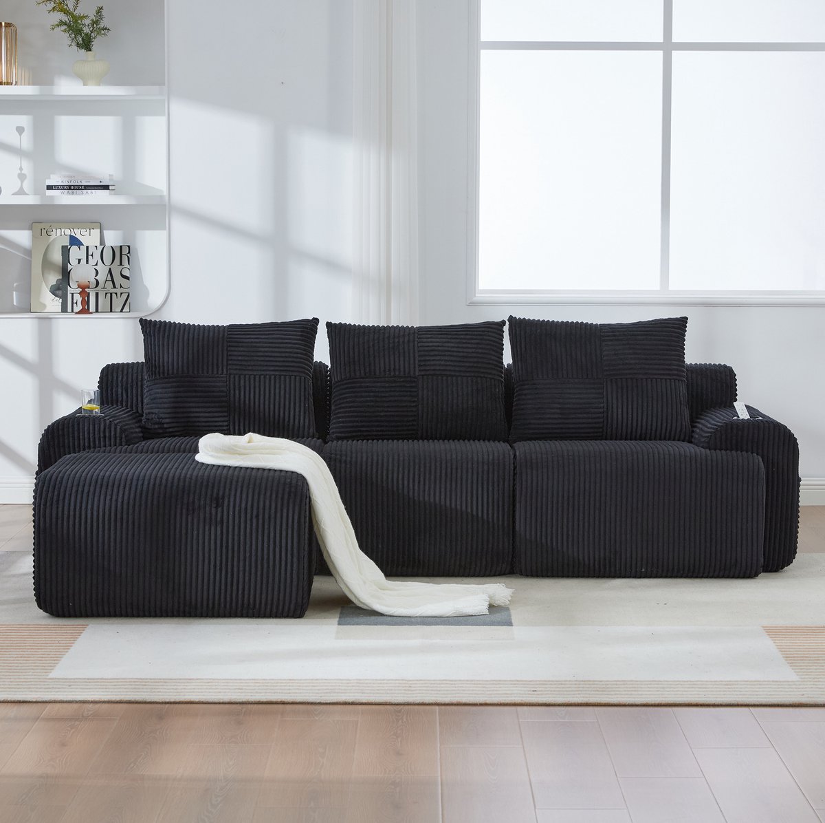 MEUNIQ Modulaire 3-zits bank van ribfluweel met voetenbank, bekerhouders en zijvakken, 268 x 174 x 80 cm, zwart, voor woonkamer