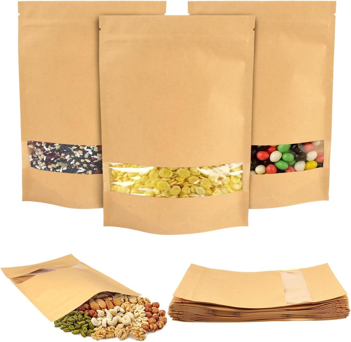30 Stuks Papieren Zakjes met Venster, Herbruikbare Verpakkingen voor Koekjes, Noten, Snoep en Theebladeren, 18 x 26 cm, Warmtebestendig en Duurzaam