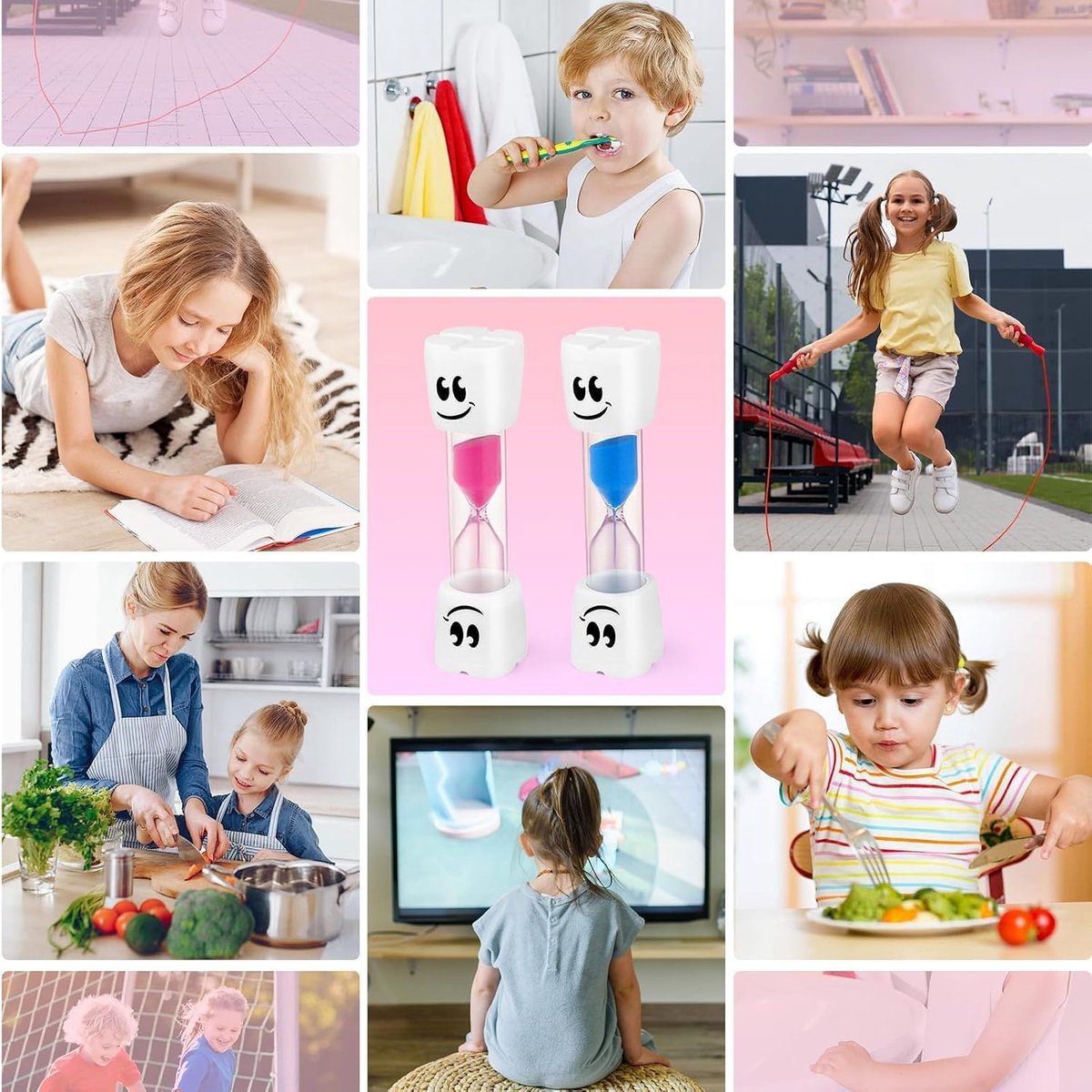 2 Stuks Zandloper - 2 Minuten Timer - Blau en Roze - Robust Kunststof - Tandenpoetsen voor Kinderen - Lachende Tand Vorm