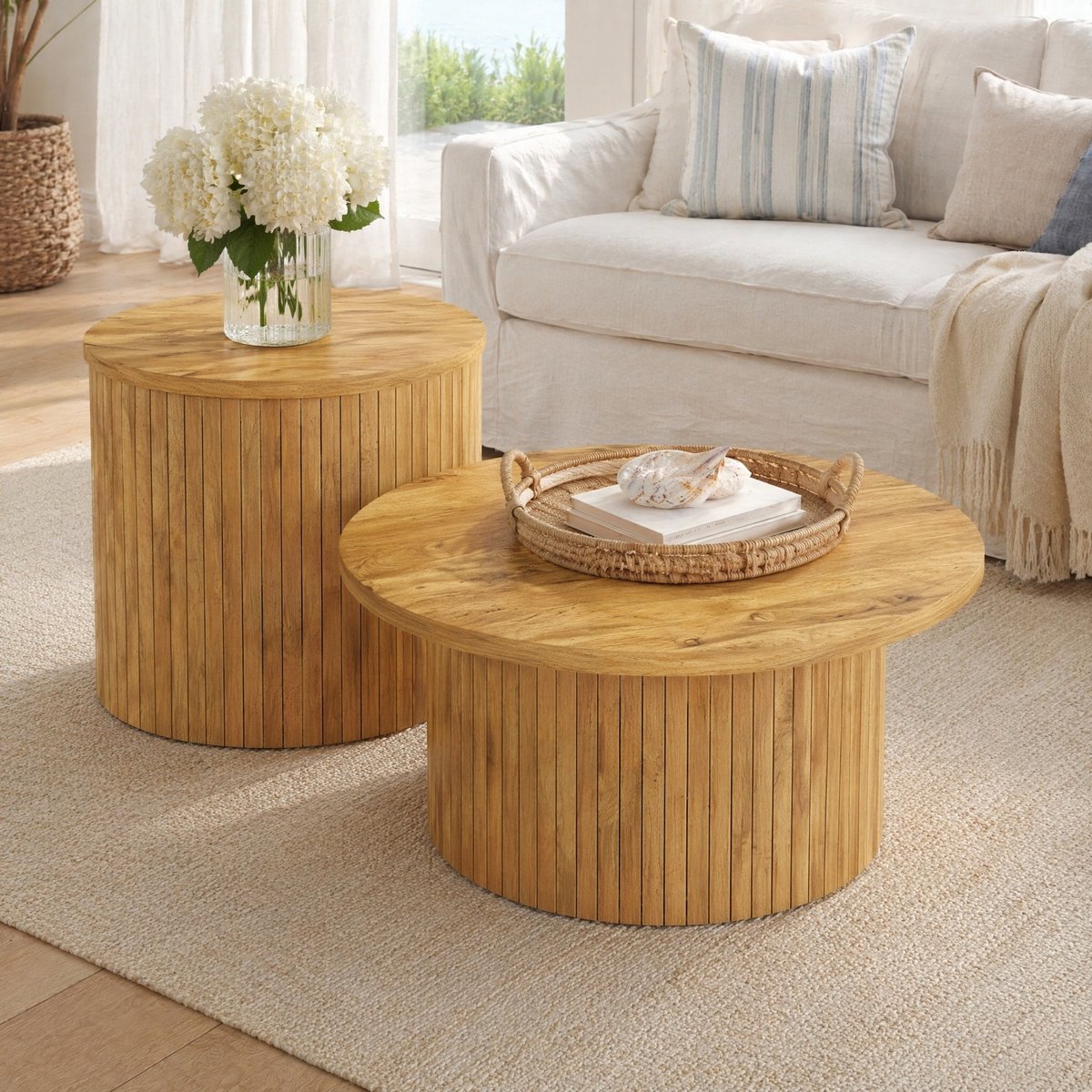 MEUNIQ Salontafelset van 2 ronde tafels Ø75 x H36 en Ø50 x H50,5 cm, flexibel te combineren als salontafel en bijzettafel voor de woonkamer, naturel MDF