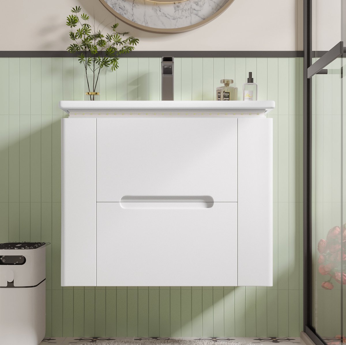 MEUNIQ Hangend badmeubel 61 x 46 x 48,5 cm met geïntegreerde keramische wastafel, LED-radarsensorverlichting, 2 lades en zijplanken, wit
