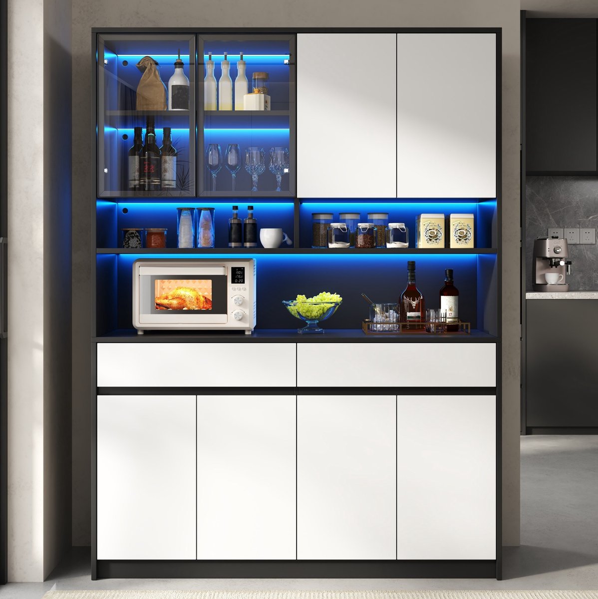 REDOM Buffetkast - LED-verlichting in glasvak en open vakken - 8 deuren en 2 lades - Gedempte scharnieren - MDF - Zwart en Wit - 120 x 38 x 160 cm