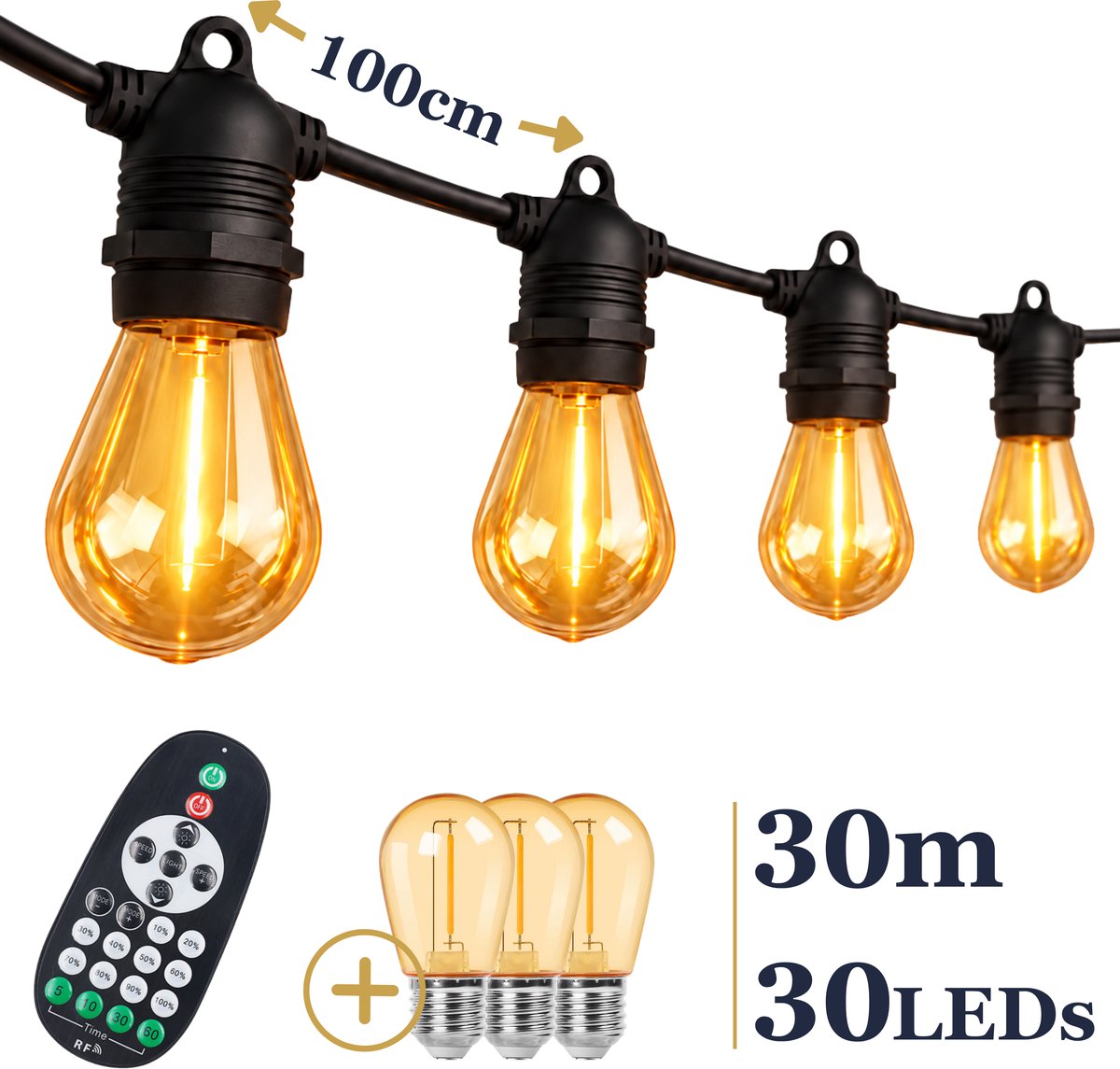 Odaily S14 Amber Lichtsnoer 30m - 30 LEDs - IP65 Waterdicht - Extra Warm Wit Licht - Dimbaar - Premium Kwaliteit