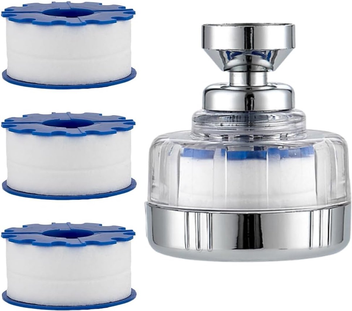 Waterfilter voor kraan, met 3 filterelementen van PP-katoen, waterfilter voor keuken, waterbesparend, 360 graden draaibaar, universeel voor gootsteen, keuken en badkamer