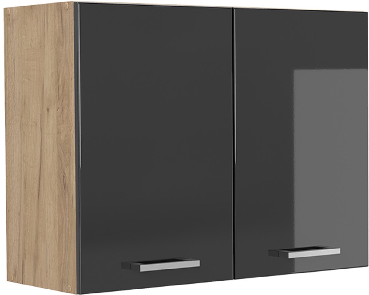 Vicco Glazen keukenkast R-Line, Antraciet Hoogglans/Goudkleurig Eiken, 80 cm