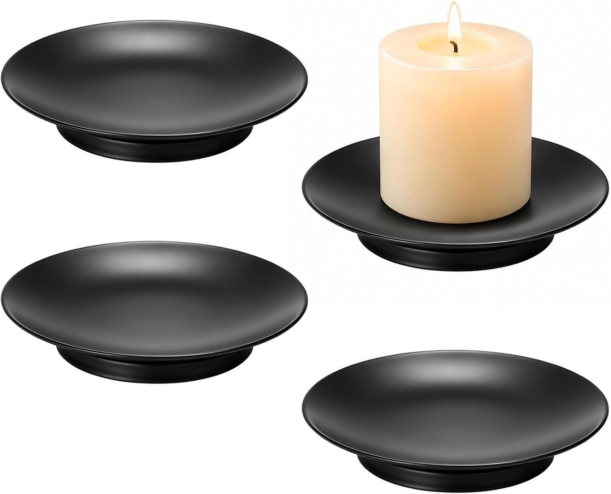 4 stuks metalen kandelaars zwart - 21,5 cm x 15,5 cm x 3,5 cm ronde
