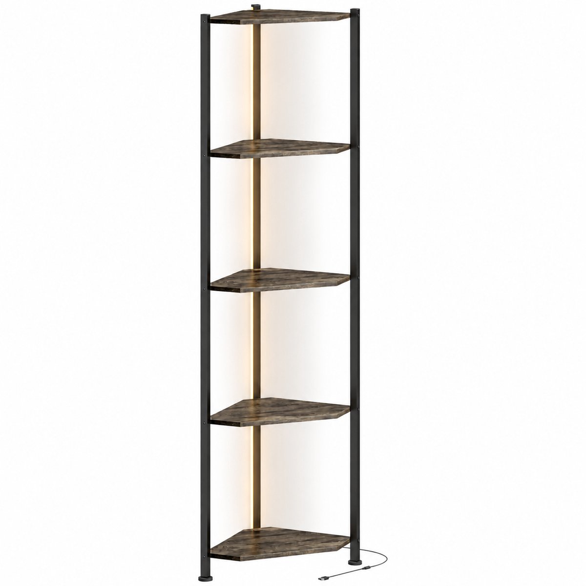 Sello! boekenkast – hoek – led-verlichting – vijf open legplanken – kantelbeveiliging - 32 × 32 × 147 cm – rustiek bruin – zwart