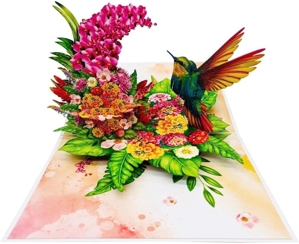 3D pop-up wenskaart met kolibrie en bloemen, 15 x 20 cm, handgemaakt voor verjaardag en jubileum, meerkleurig