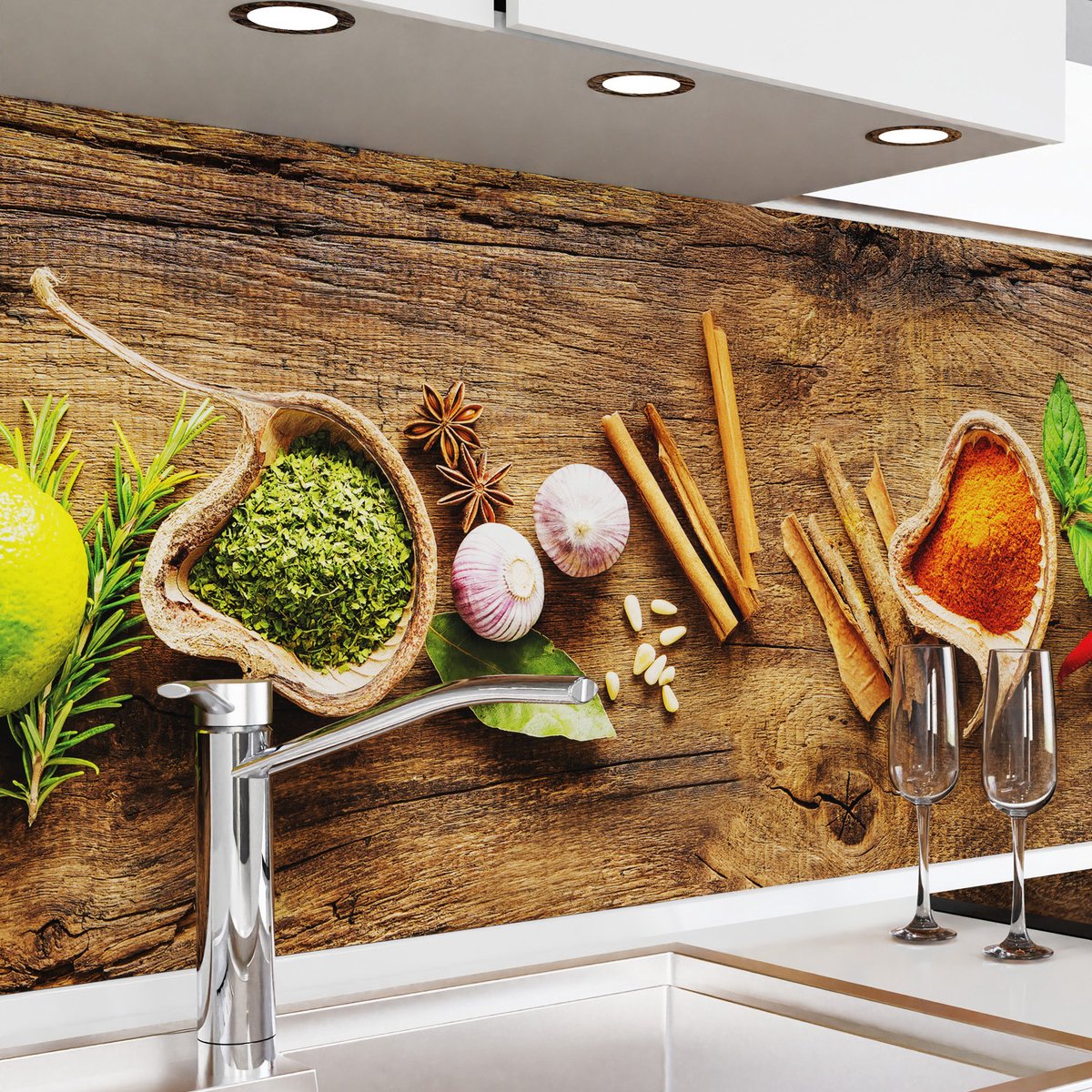 Keuken achterwand zelfklevend - Spatscherm keuken - Spatwand fornuis - Muurbeschermer - Verstevigde PET folie - 0,4 mm - Mat - Kruiden op Hout - 340 cm x 60 cm