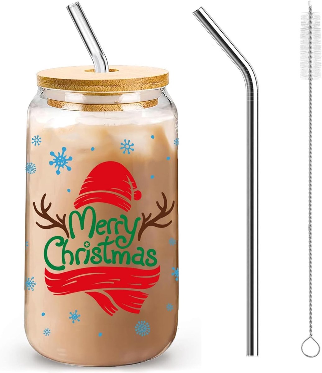 Feestelijke 500ml Glazen met Deksel - Perfect voor Warme en Koude Dranken, Ideaal Cadeau voor de Kerstperiode