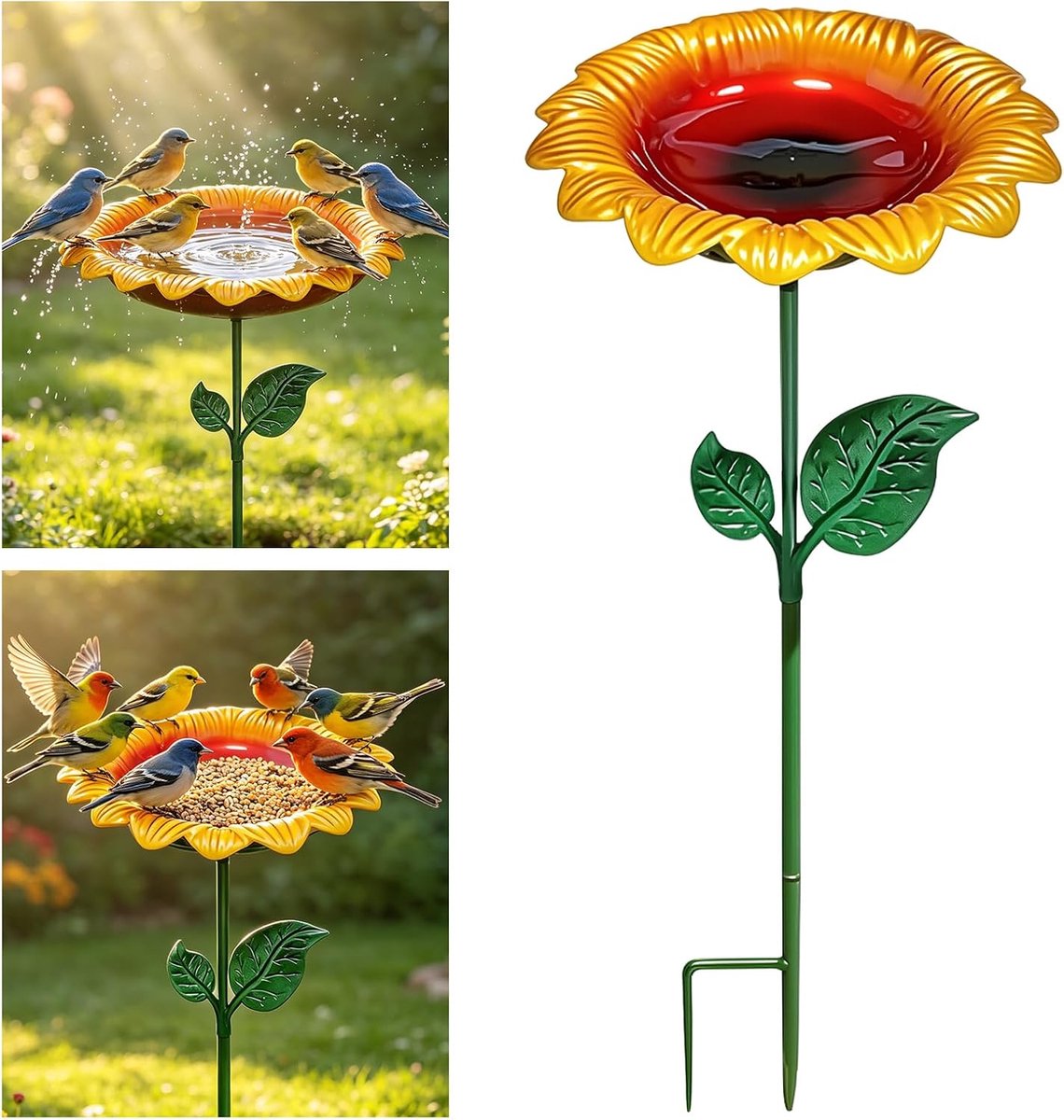 Vogelbad staand, 64 cm, vogelbad voor de tuin, zonnebloem metalen voerbak, vrijstaand afneembaar, vogelvoederdispenser, vogelbad, voor wilde vogels, vorstbestendig, tuin, achtertuin