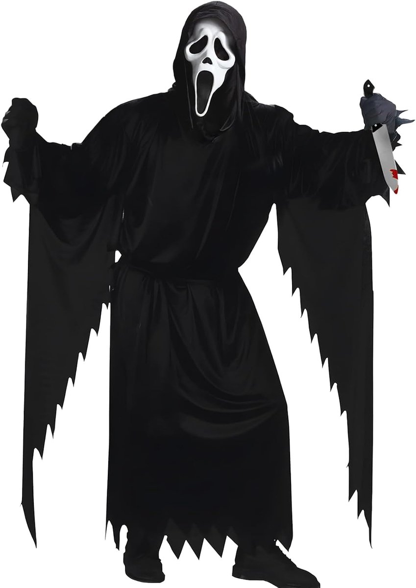 Ghostface-kostuum met Screammasker, heupriem, wanten en rekwisietmes, horroroutfits voor Halloween, carnaval, cosplay, themafeest