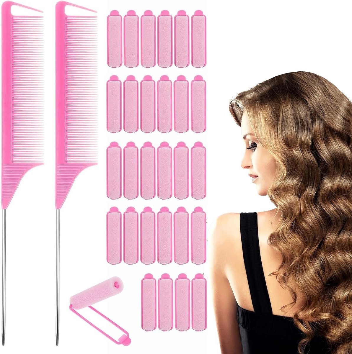 Set voor Haar Krullen met Ratstaart Kam, 28 Schuimrollers en 2 Styling Kammen, Ideaal voor Volume en Krulstijl, Roze, Lengte 9 cm