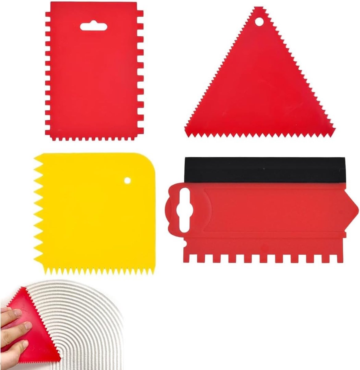 Multifunctionele Set van 4 Getande Spatels voor het Aanbrengen van Lijm, Mortel en Pleister met Silicone Handvatten