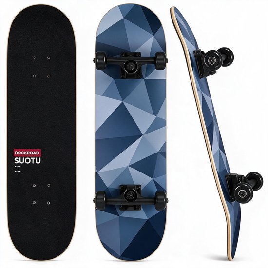 Drie weergaven van een skateboard: voorkant met zwarte grip, platte voorkant met blauwe geometrische print, en zijaanzicht.