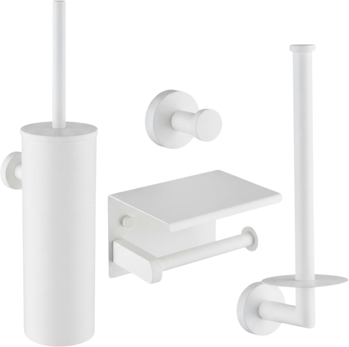 Toiletaccessoireset Wit 4-delig - Toiletborstelhouder - Toiletrolhouder met plankje - Reserverolhouder - Handdoekhaak - RVS - Mat wit