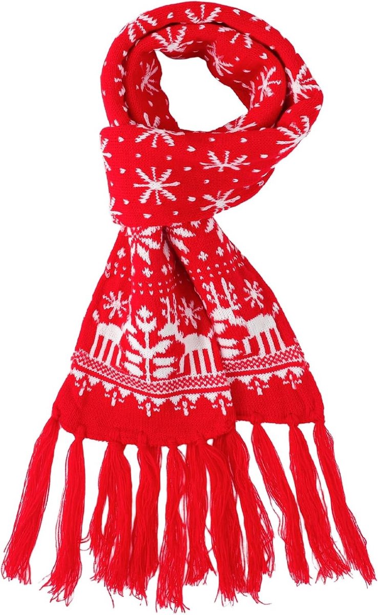 Lange gebreide wintersjaal in rood met strik en rendierdesign voor de feestdagen