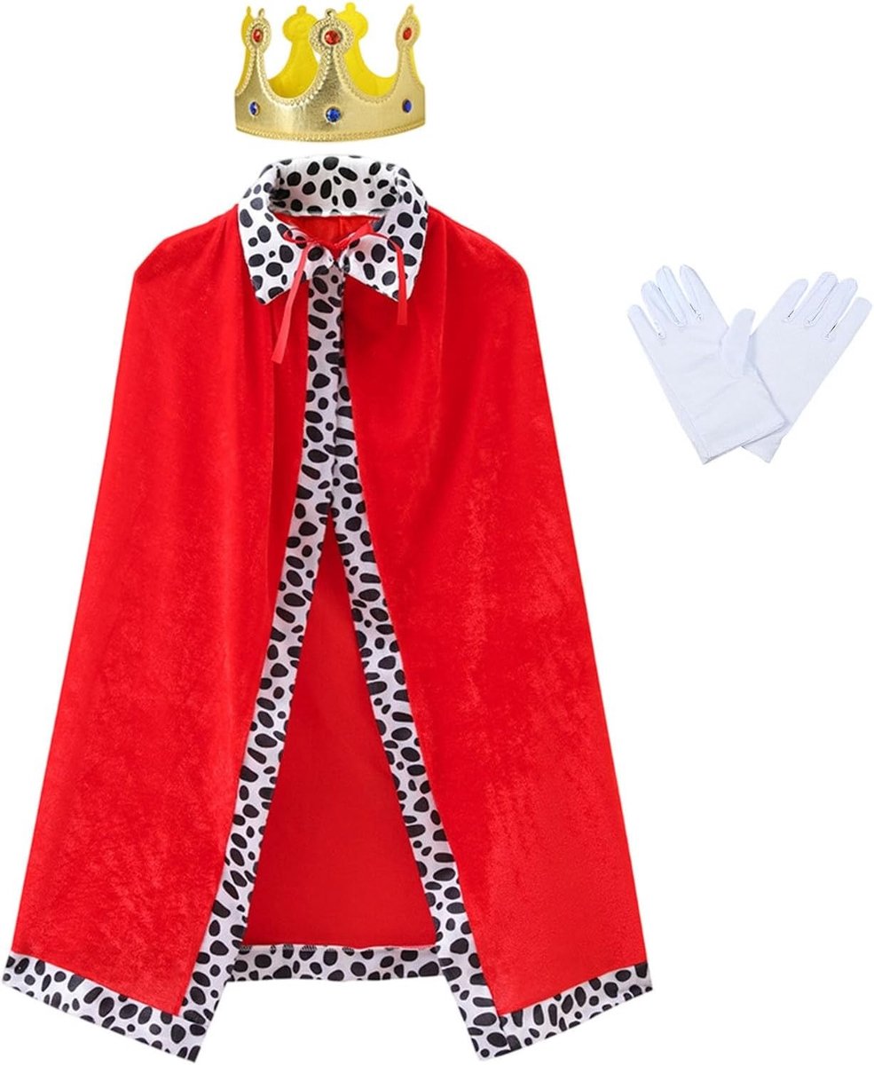 Koninklijk Kostuum voor Volwassenen met Rood Cape, Gouden Kroon en Witte Handschoenen voor Halloween en Carnaval - 120 cm, Perfect voor Cosplay en Theatervoorstellingen