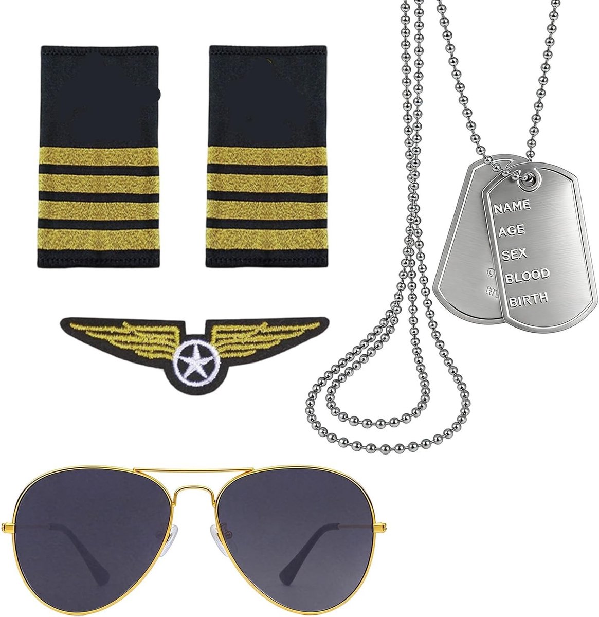Set van 4 accessoires voor piloten kostuum met aviator brillen, schouderflappen en ID-tag ketting voor een authentieke look
