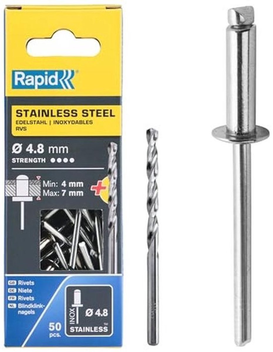 Blindnieten RVS Ø 4,8 mm, 4-7 mm Klembereik, 50 Stuks voor Blinde Nietentang