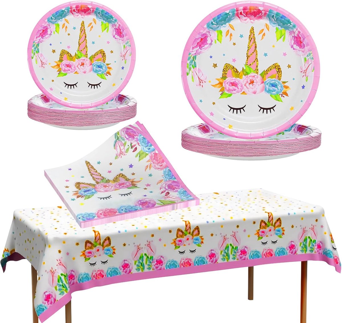 Papieren borden en servetten, 49 stuks eenhoorn verjaardagsdecoraties voor meisjes, eenhoorn servies met 1 tafelkleed feestaccessoires voor kinderen, babyshower, verjaardag, decor roze