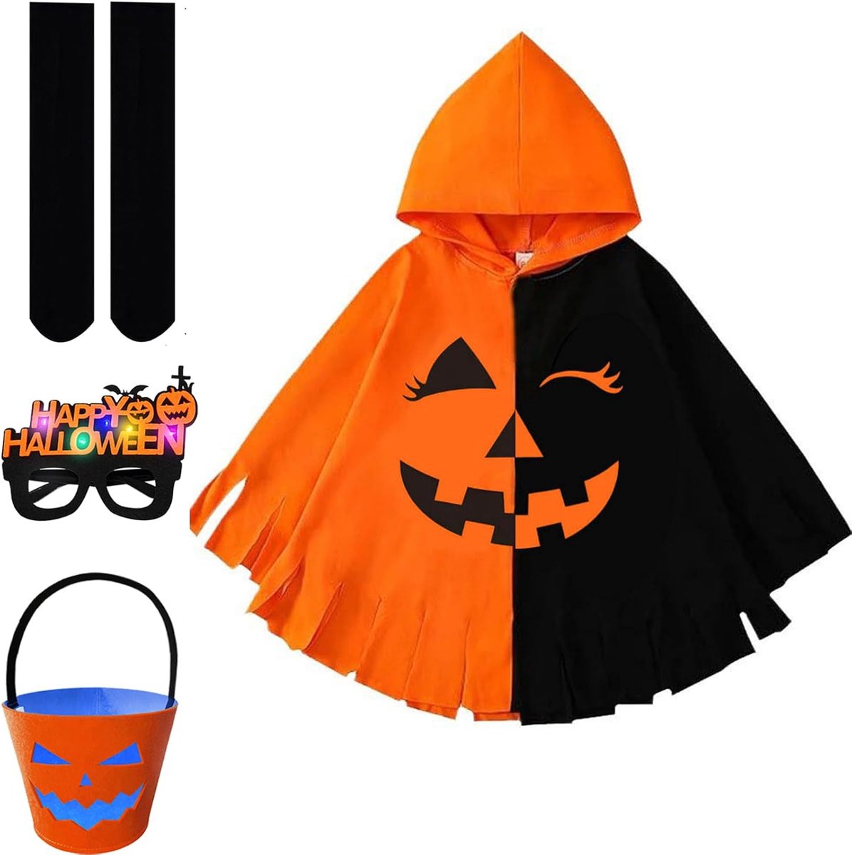 Halloween pompoencape, kinderkostuum, 4 stuks, pompoenkostuum voor meisjes en jongens, met hoed, bril, pompoentas, oranje, tovenaars, geest, cosplay, kostuum, carnaval, Halloween, voor kinderen