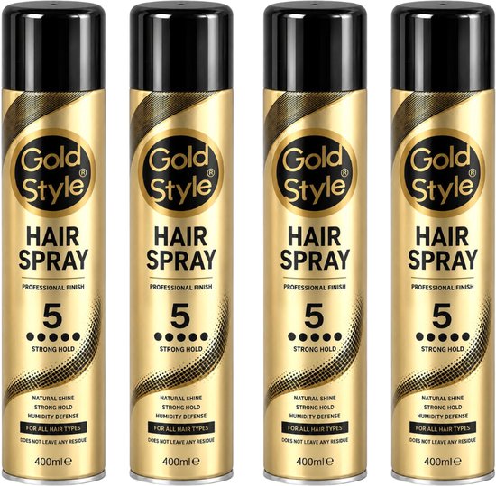 Vier spuitbussen Gold Style Haarlak met zwarte dop en gouden opdruk. Sterke fixatie.