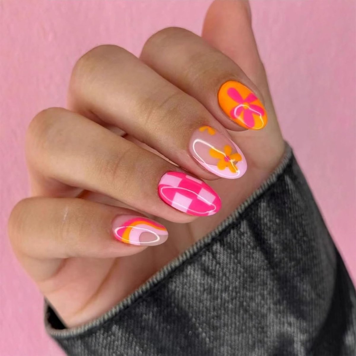 On Nails, Kunstnagels & Nepnagels, 24-delige Set Bonte Graffiti Press On Nagels, Korte Amandelvorm, Regenboog Bloemmotief Design, Franse Tips, Acryl Nagels voor Vrouwen, Plaknagels