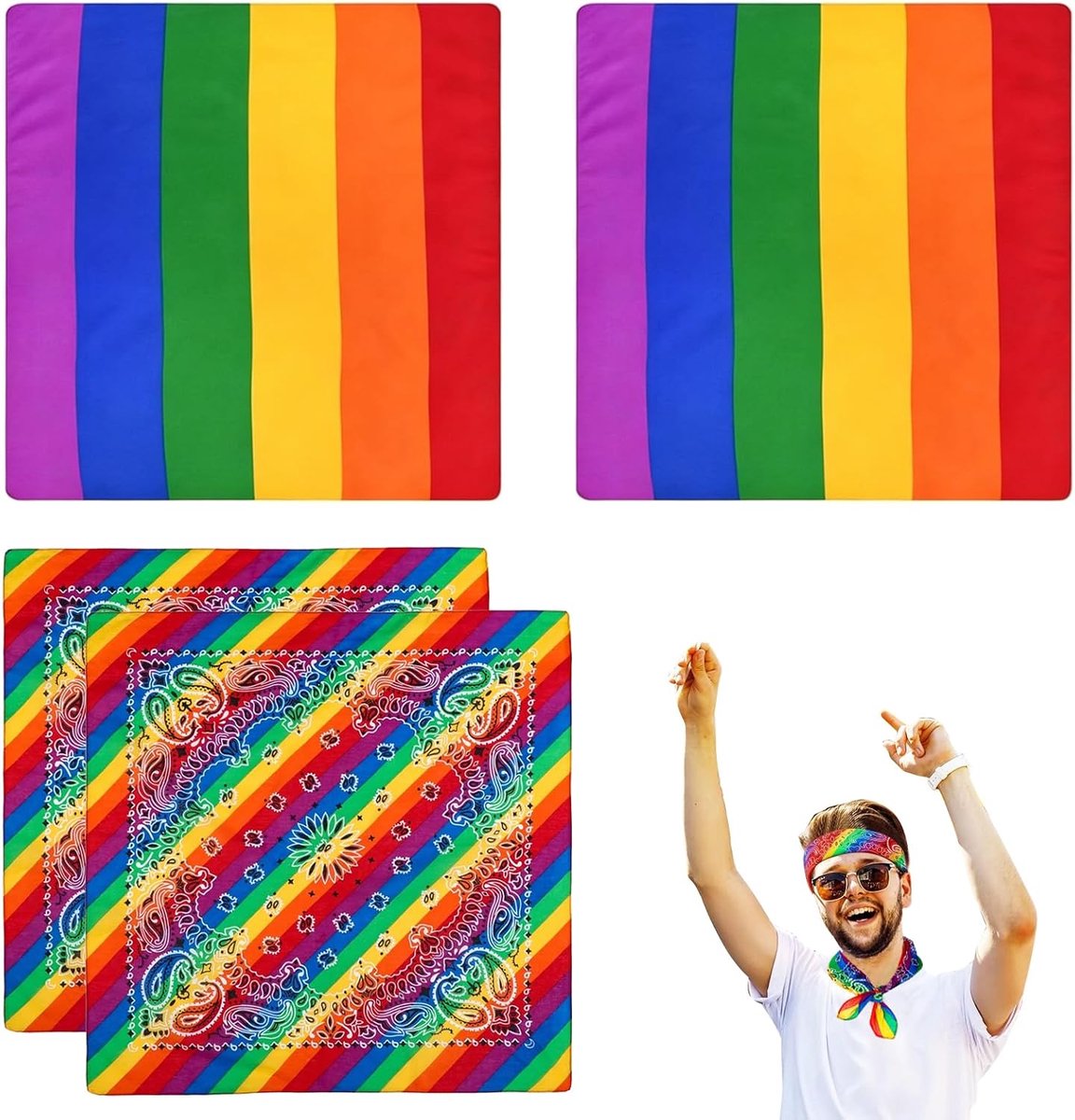 Bandana set – 2 stuks regenboog bandana met streep en diagonaal patroon 54x54 cm, zachte katoenen hoofddoek, LGBT accessoires voor festival en dagelijks gebruik