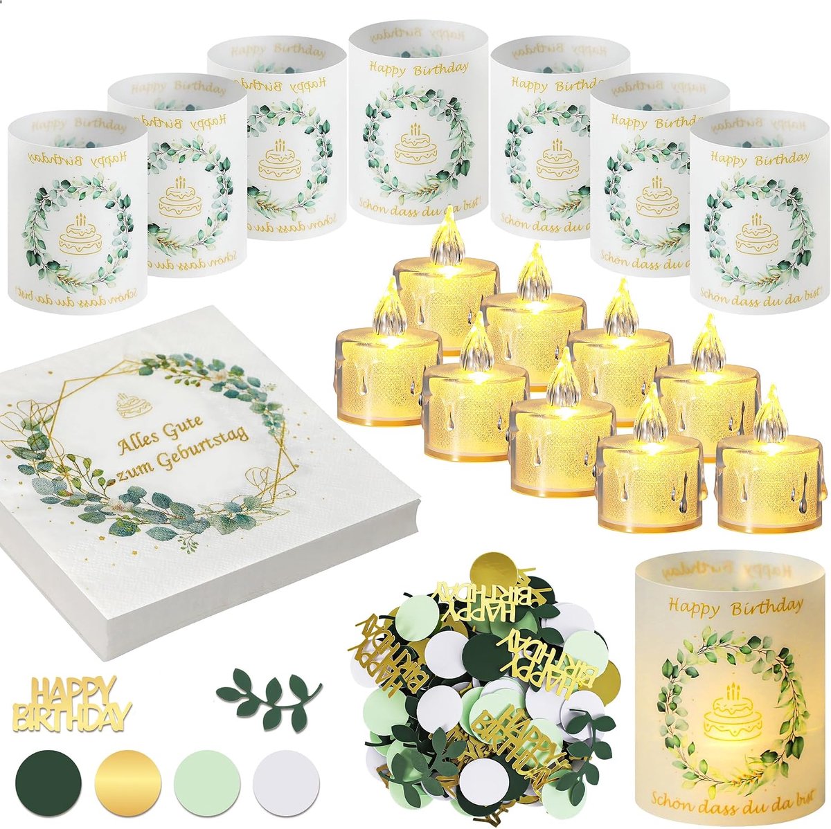 12 windlicht tafeldecoratie verjaardag + 12 led-kaarsen + 24 servetten Happy Birthday + 100 confetti verjaardagsdecoratie eucalyptus groen, verjaardagsdecoratie vrouw man, geschikt