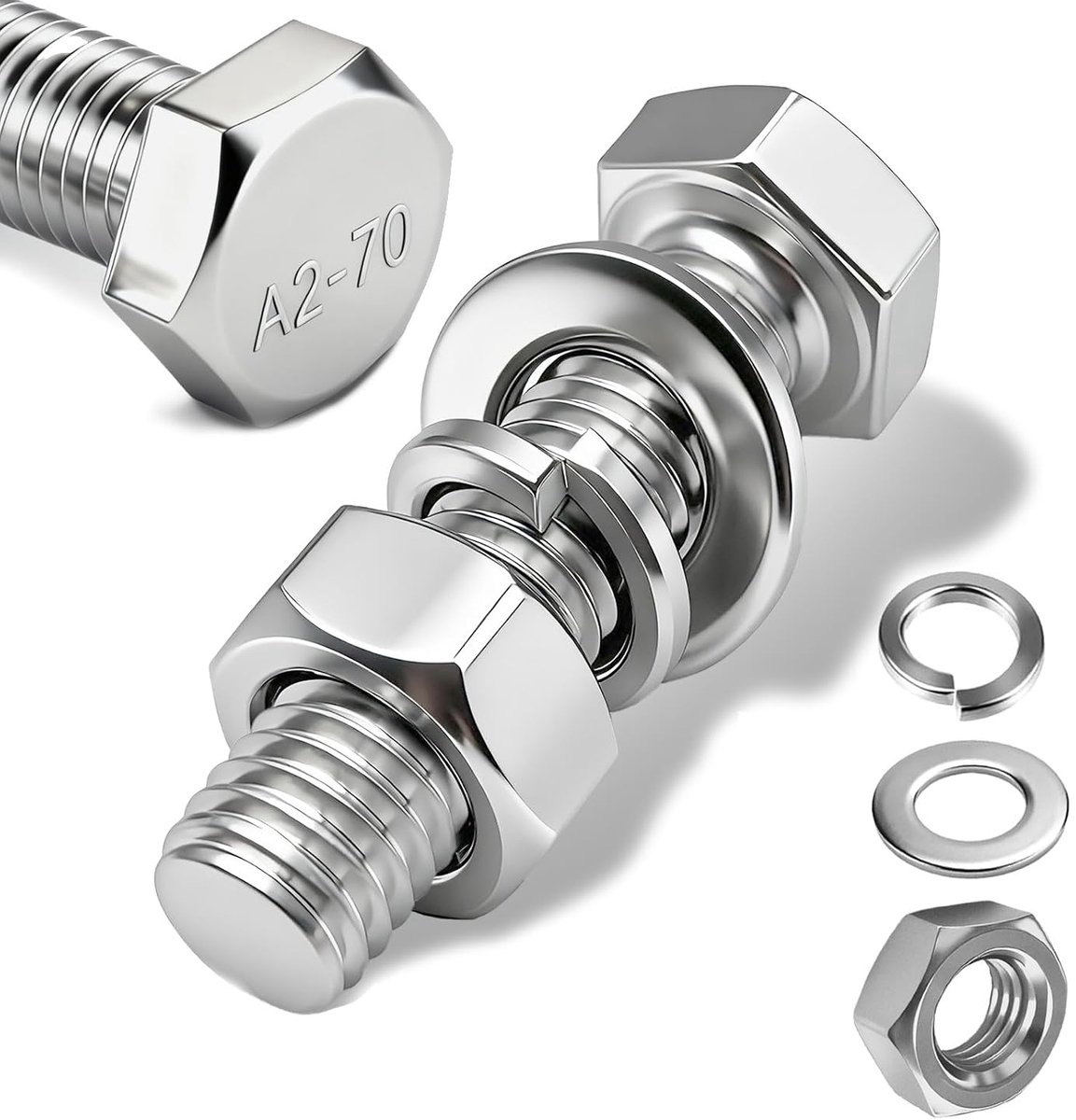 Zeskantschroeven en moeren, M10 x 16 mm, 12 stuks zeskantschroeven van roestvrij staal A2 V2A, DIN 933 bouten en moeren sluitringen set - voor machines, auto's, meubels, fietsen