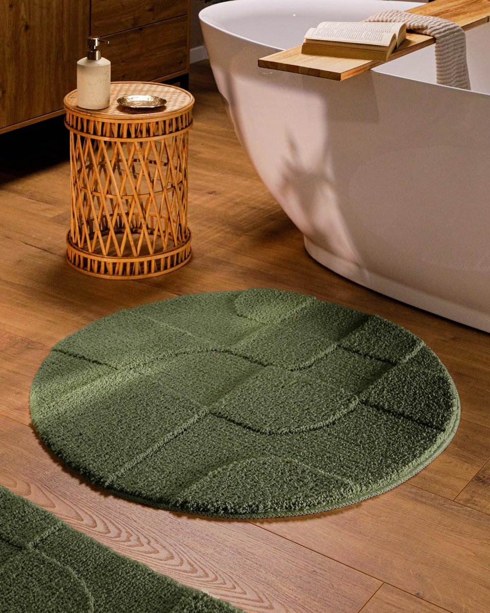 Badmat Davie – Uni hoog-laag, wasbaar 30°C, antislip (80 cm rond, dennengroen)