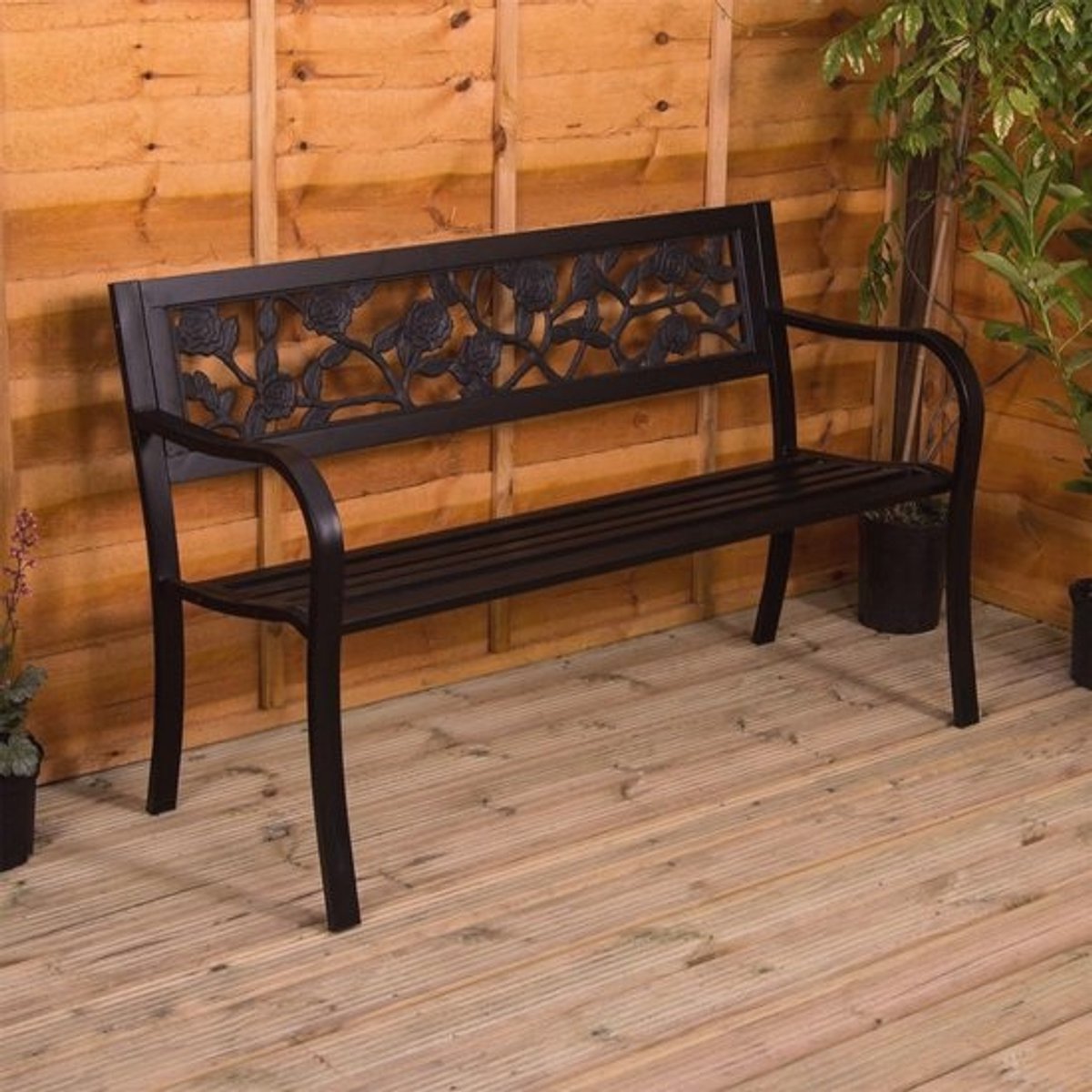 Stalen Tuinbank met Rozen Design - 3-zits Tuinmeubilair voor Park en Patio - Zwart