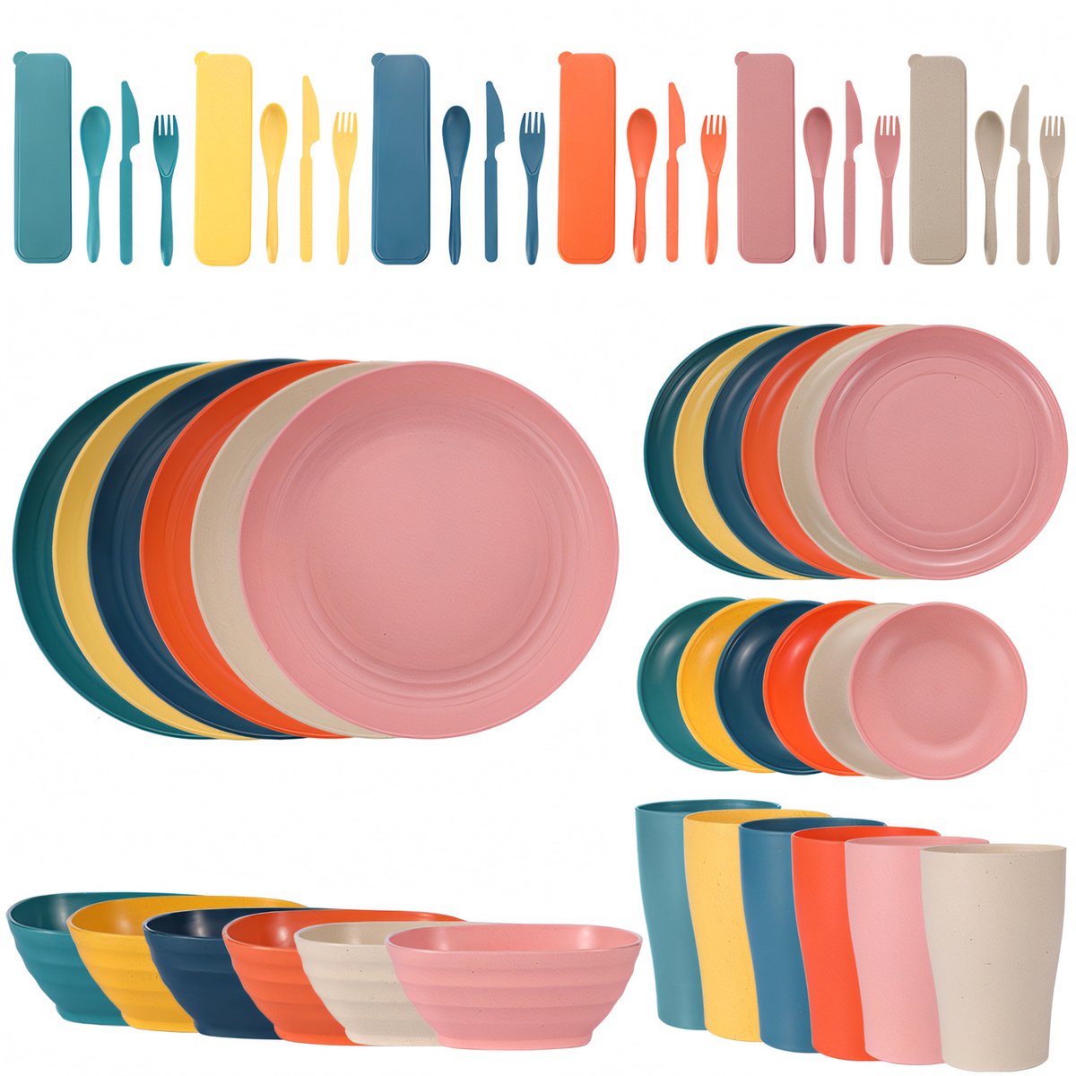 Campingservies set 54-delig voor 6 personen - Kunststof serviesset met 3 bordformaten, kommen, bekers, bestek en bestekdozen - Lichtgewicht en stapelbaar PP met tarwestrovezel - Voor camping, picknick, camper, caravan en thuis - Multicolor