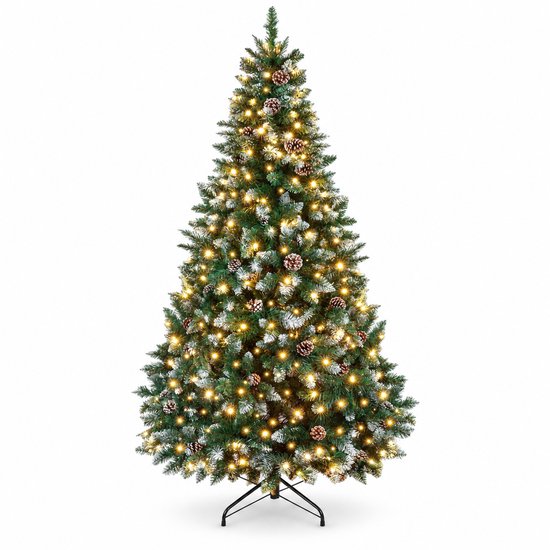 Kunstkerstboom 210 cm met LED-verlichting - Sneeuw en dennenappels - Met standaard