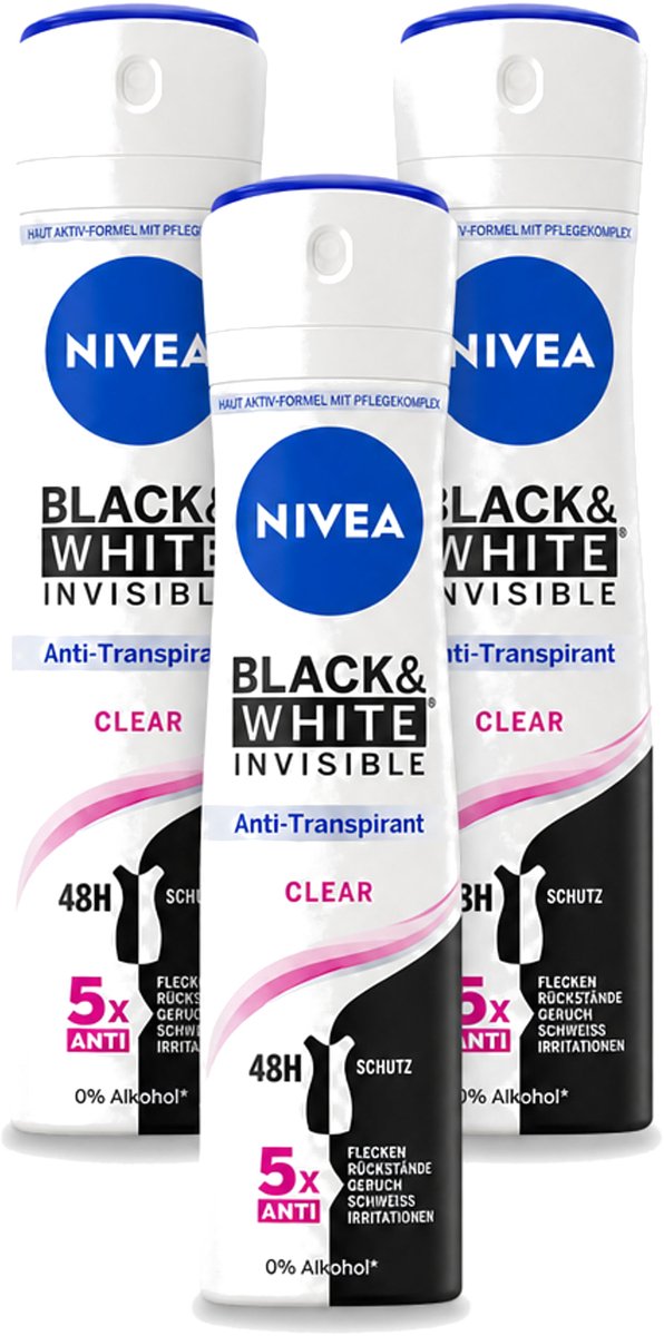 3 x Nivea - Deodorant - Spray - Black & White Invisible Clear - Anti-Transpirant - 150 ml - Bulkverpakking - 3 stuks