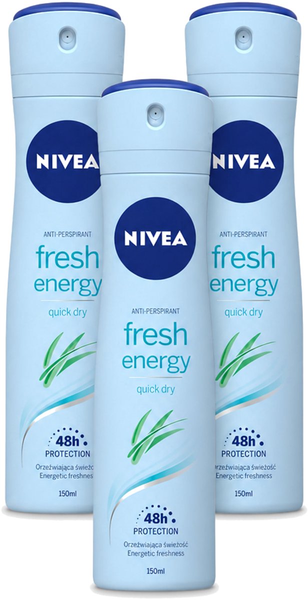 3 x Nivea - Deodorant - Spray - Fresh Energy - 48 Uur Lang Werkend - 150 ml - Bulkverpakking - 3 stuks