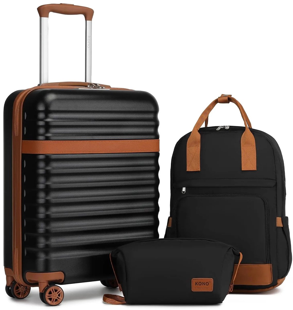 Zerova 3 Delige Kofferset - Handbagagekoffer, Reisrugzak en Toilettas - Harde ABS PC Koffer - TSA Slot - 360° Wielen - Zwart
