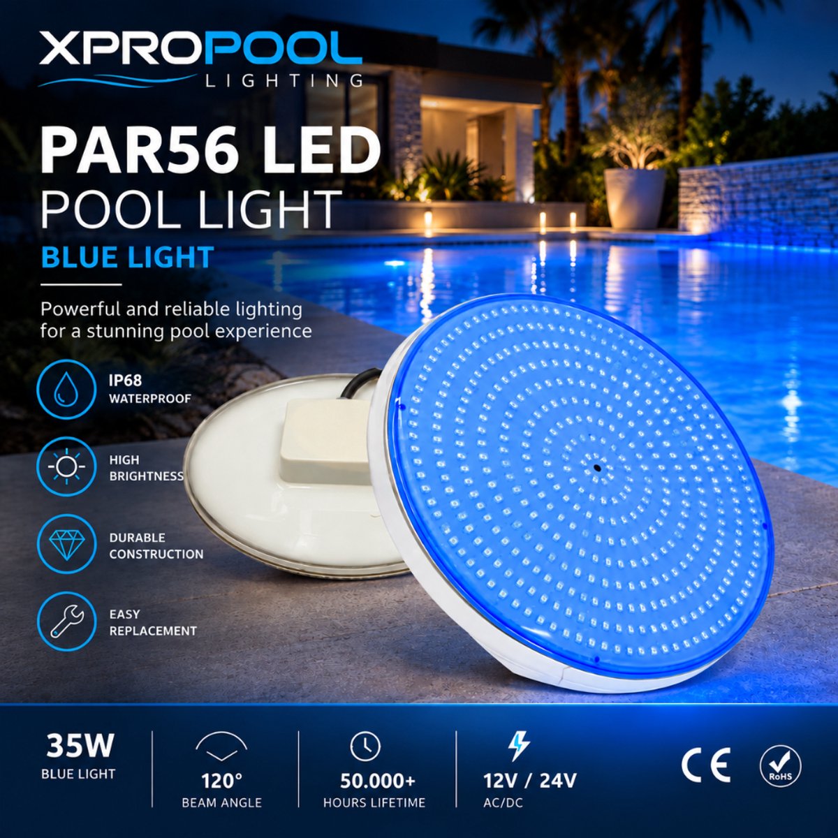 PAR56 LED Zwembad Lamp 35W blauw licht