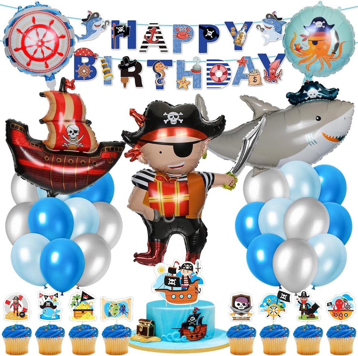 Verjaardagsdecoratie met Piraten Thema, Inclusief Schatkist, Haai Folieballon, Dieren Ballonnen en Verjaardagsbanner voor Kinderen, Perfect voor Feestjes en Jarige Job