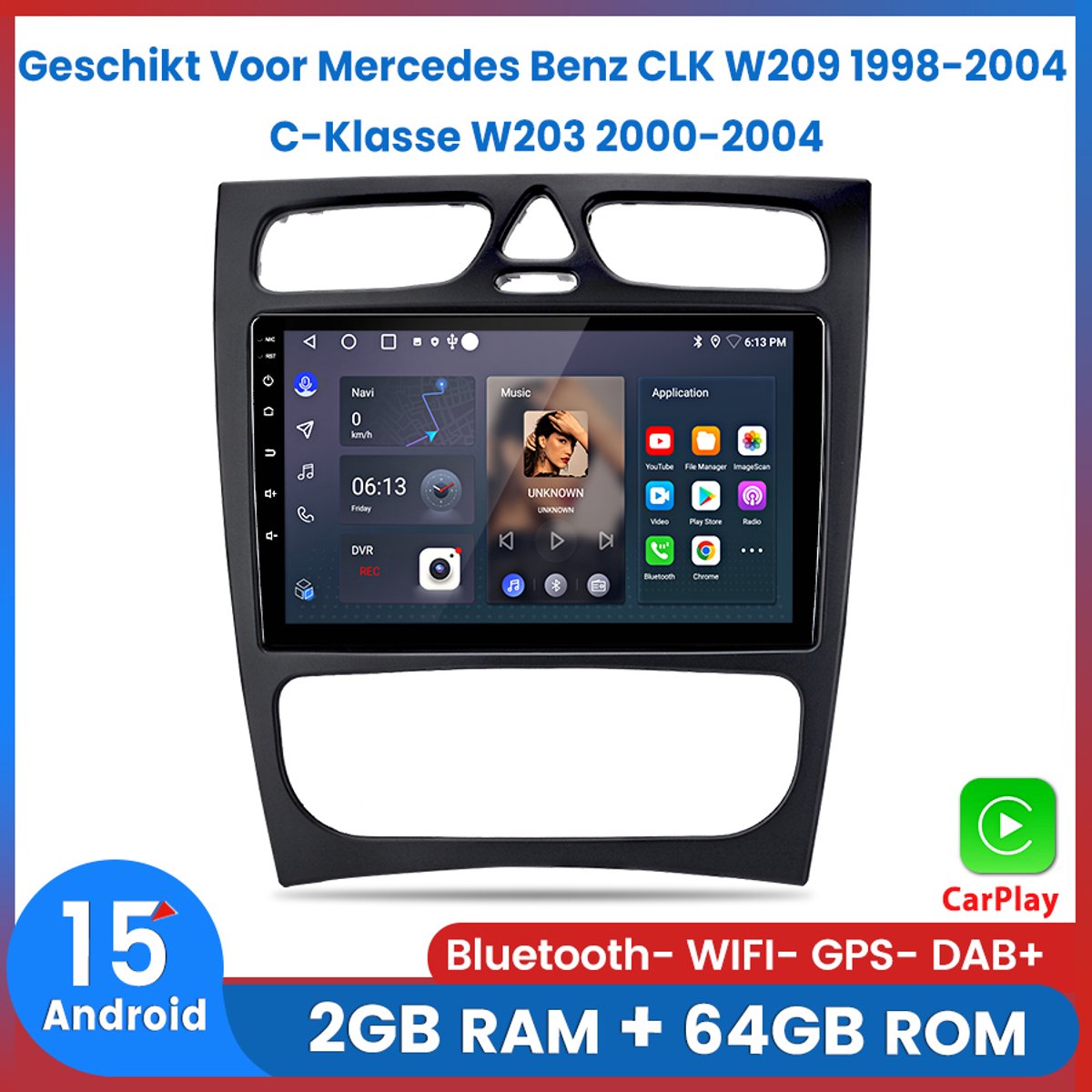 Awesafe Autoradio - Geschikt Voor Mercedes Benz CLK W209 1998 t/m 2004 C-Klasse W203 2000 t/m 2004 - Android 15.0 Systeem - Draadloos Apple CarPlay & Android Auto - Ram 2GB + Rom 64GB - GPS Navigatie RDS Bluetooth WIFI - 1999 2000 2001 2002 2003 2004